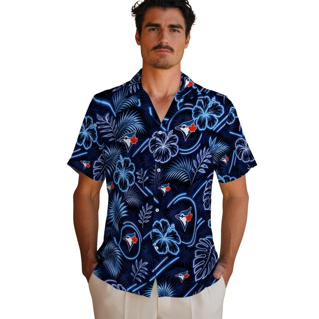 toronto-blue-jays-hawaiian-shirt-personalized-neon-florals-black-fashion-forward.webp