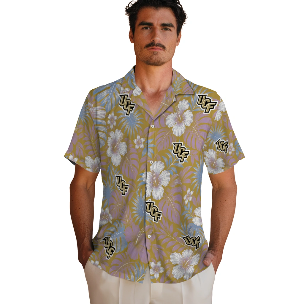 ucf-knights-hawaiian-shirt-customized-hibiscus-monstera-gold-fashion-forward.webp
