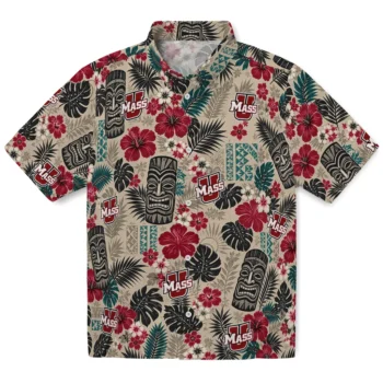 UMass Minutemen Hawaiian Shirt - Tiki Masks Warm Beige