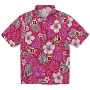 Utah Utes Hawaiian Shirt - Hibiscus Monstera Red