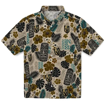 Vegas Golden Knights Hawaiian Shirt - Tiki Masks Warm Beige