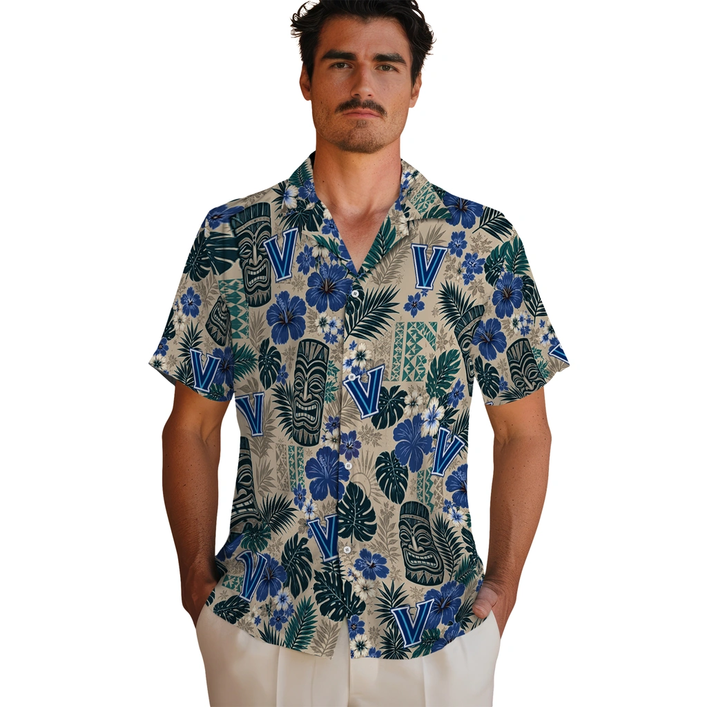 villanova-wildcats-hawaiian-shirt-personalized-tiki-masks-warm-beige-fashion-forward.webp