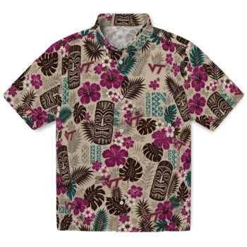 Virginia Tech Hokies Hawaiian Shirt - Tiki Masks Warm Beige