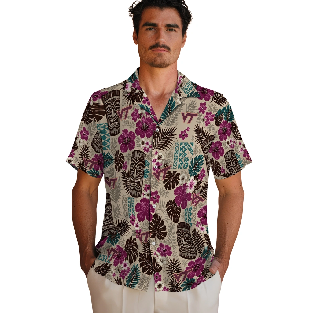virginia-tech-hokies-hawaiian-shirt-personalized-tiki-masks-warm-beige-fashion-forward.webp