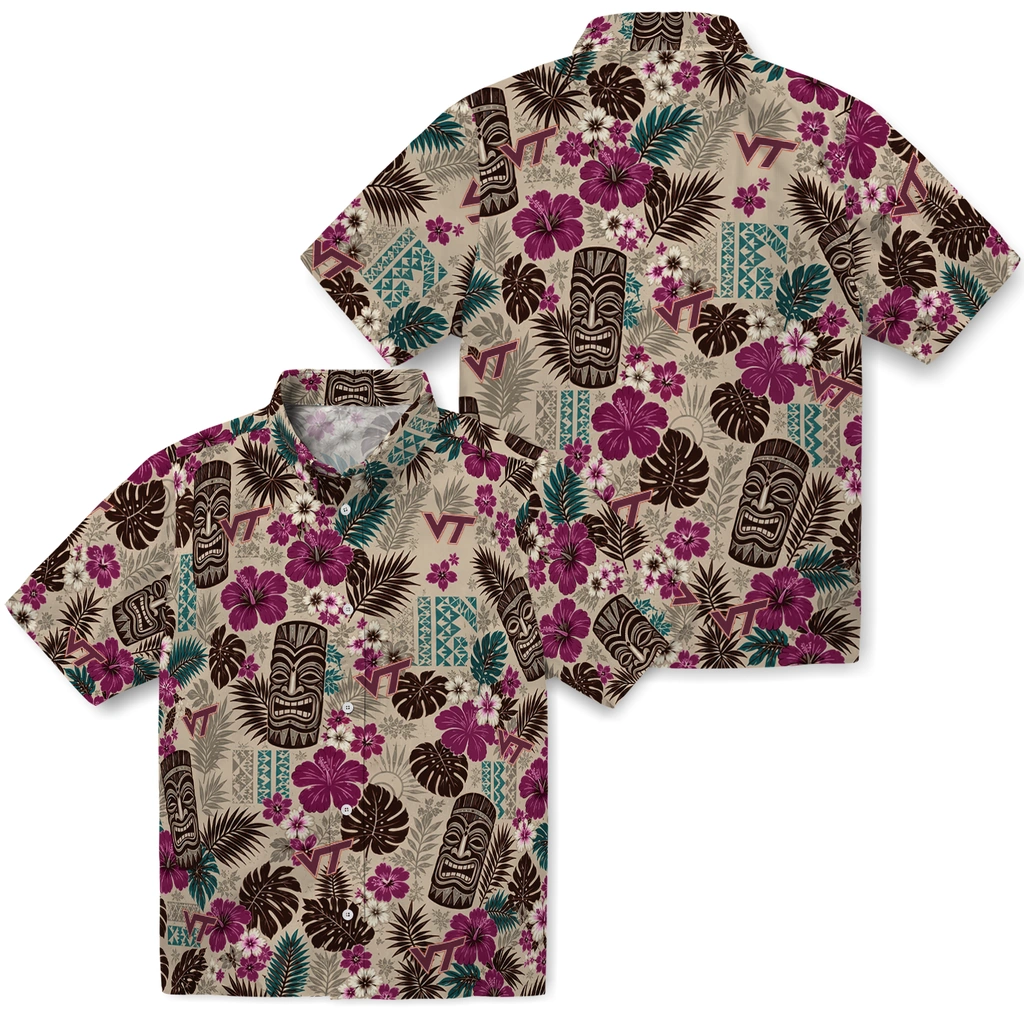 virginia-tech-hokies-hawaiian-shirt-personalized-tiki-masks-warm-beige-high-quality.webp