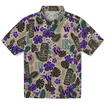 Washington Huskies Hawaiian Shirt - Tiki Masks Warm Beige