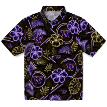 Washington Huskies Hawaiian Shirt - Neon Florals Black