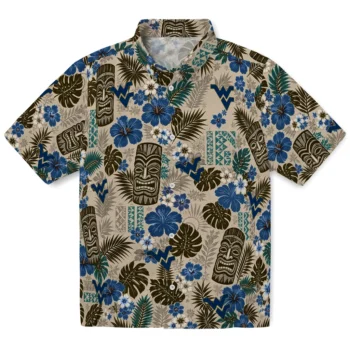 West Virginia Mountaineers Hawaiian Shirt - Tiki Masks Warm Beige