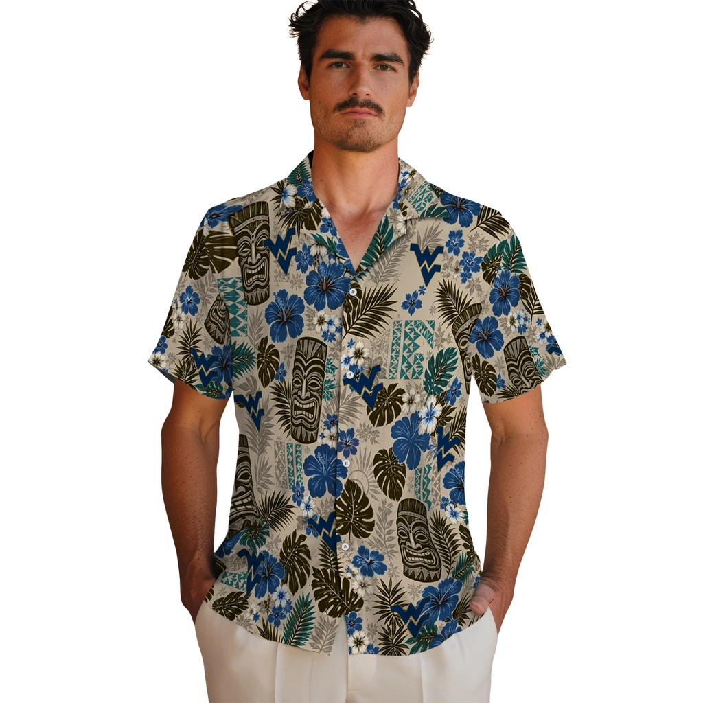 west-virginia-mountaineers-hawaiian-shirt-customized-tiki-masks-warm-beige-fashion-forward.webp