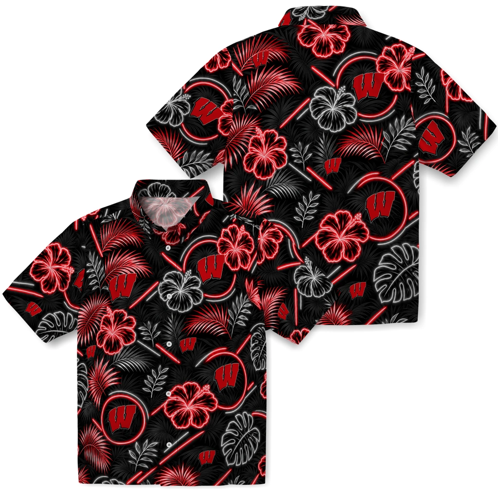 wisconsin-badgers-hawaiian-shirt-customized-neon-florals-black-high-quality.webp