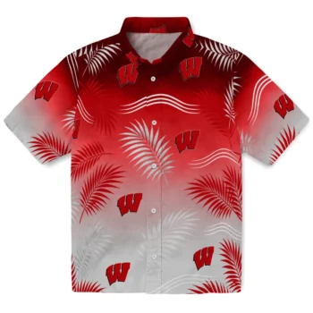 Wisconsin Badgers Hawaiian Shirt - Ombre Fronds Red