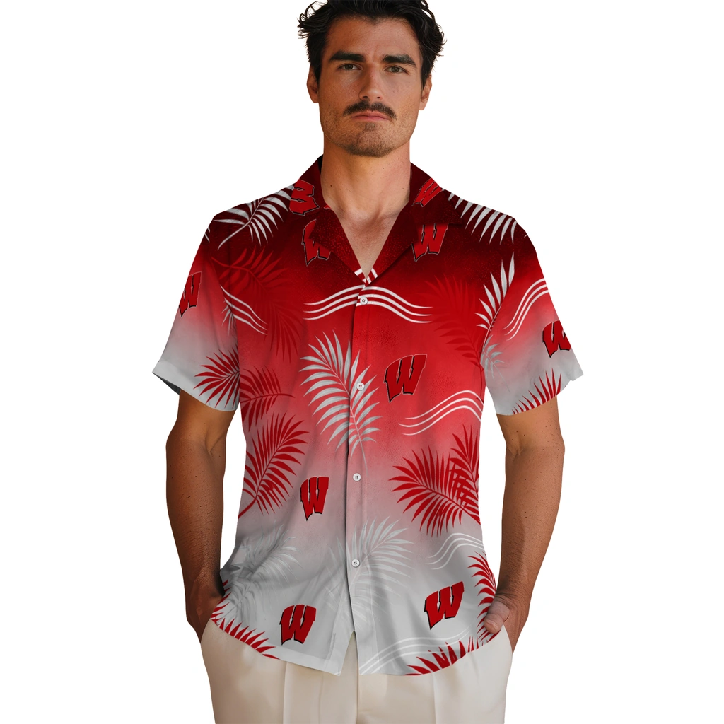 wisconsin-badgers-hawaiian-shirt-customized-ombre-fronds-red-fashion-forward.webp