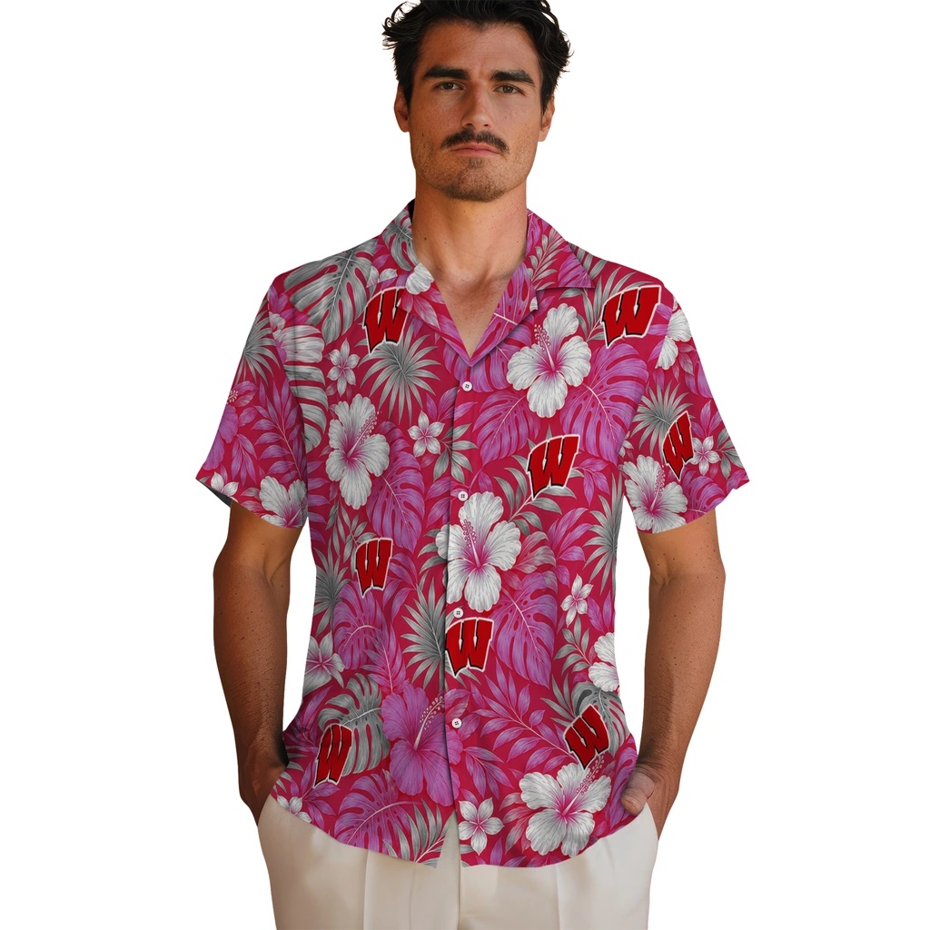 wisconsin-badgers-hawaiian-shirt-personalized-hibiscus-monstera-red-fashion-forward.webp