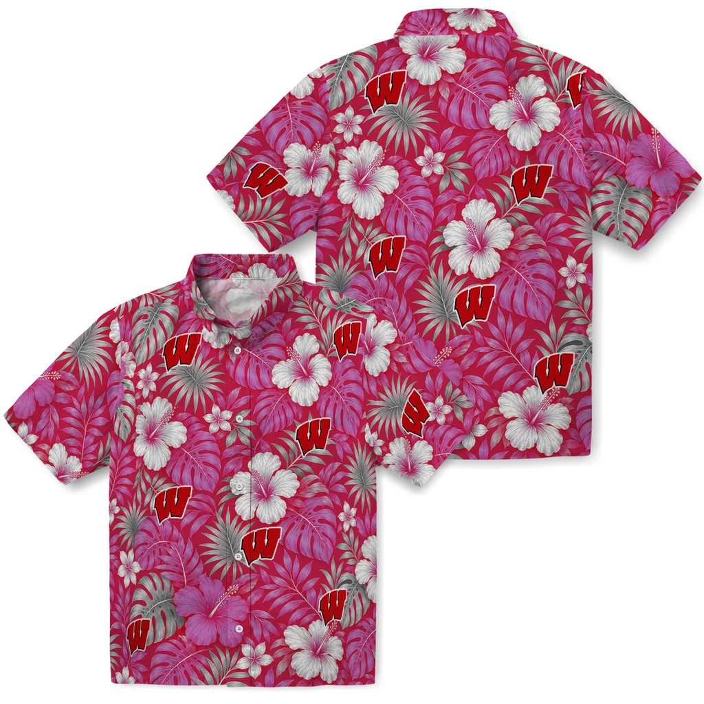 wisconsin-badgers-hawaiian-shirt-personalized-hibiscus-monstera-red-high-quality.webp